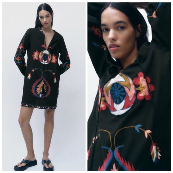 Zara Dresses & Skirts - Zara Embroidered Flora Linen Blend Black Shift Dress size S